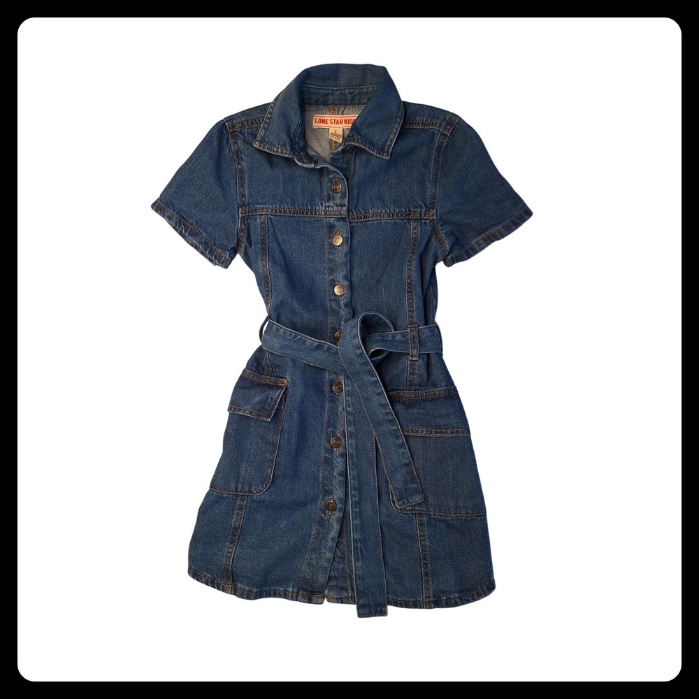 Lone Star Kids Girls Blue Denim Button Down Belted Shirt Dress Size 7 Medium